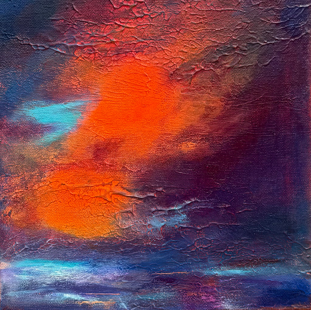 An abstract textured painting featuring a dramatic composition of vibrant orange and red light against deep purple and dark blue tones, with subtle light blue highlights.
