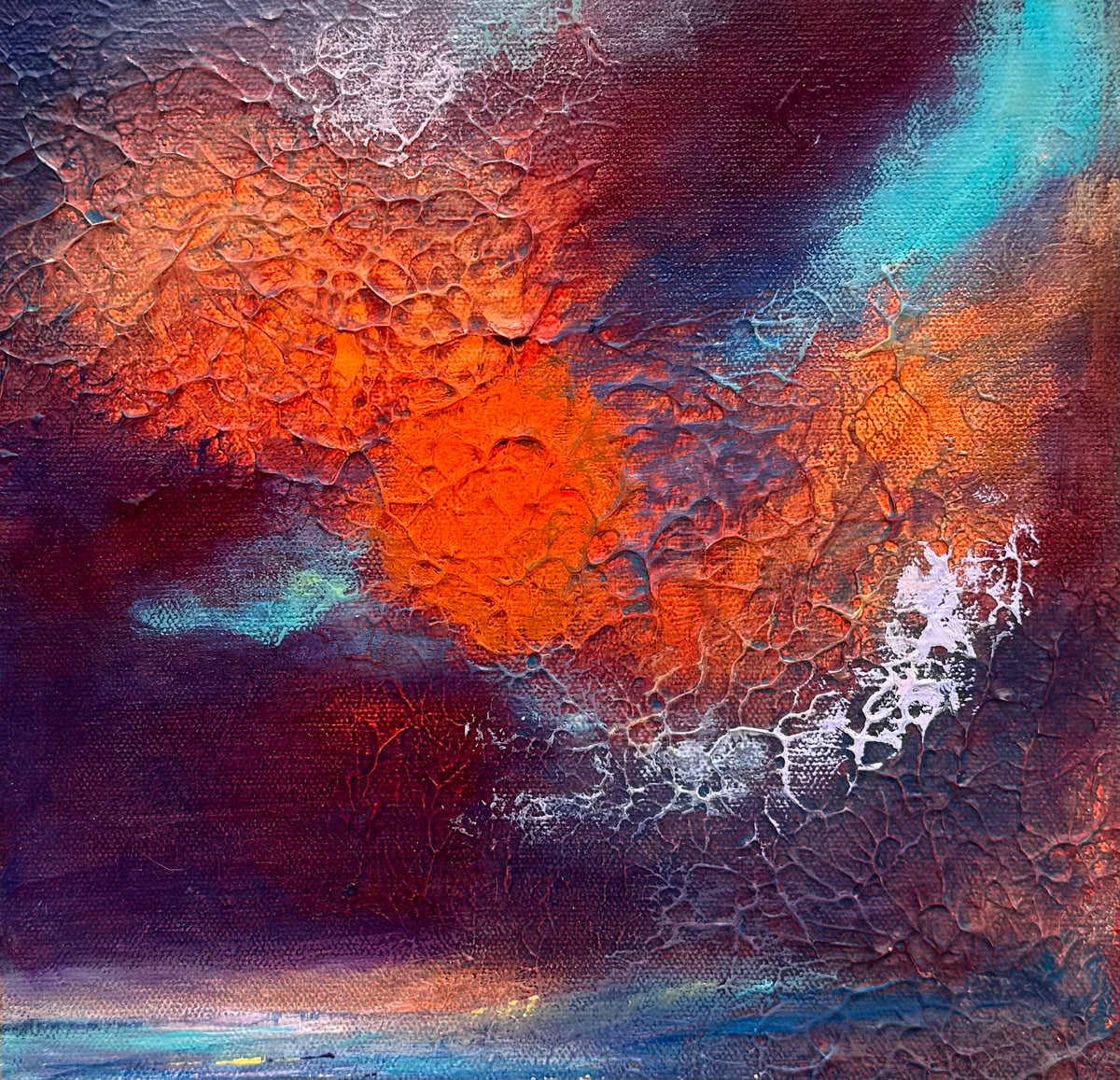 Abstract textured painting with a large glowing orange-red sun-like form over deep purple, brown, and teal sky, with white cloud-like areas and a thin blue horizon line at the bottom.