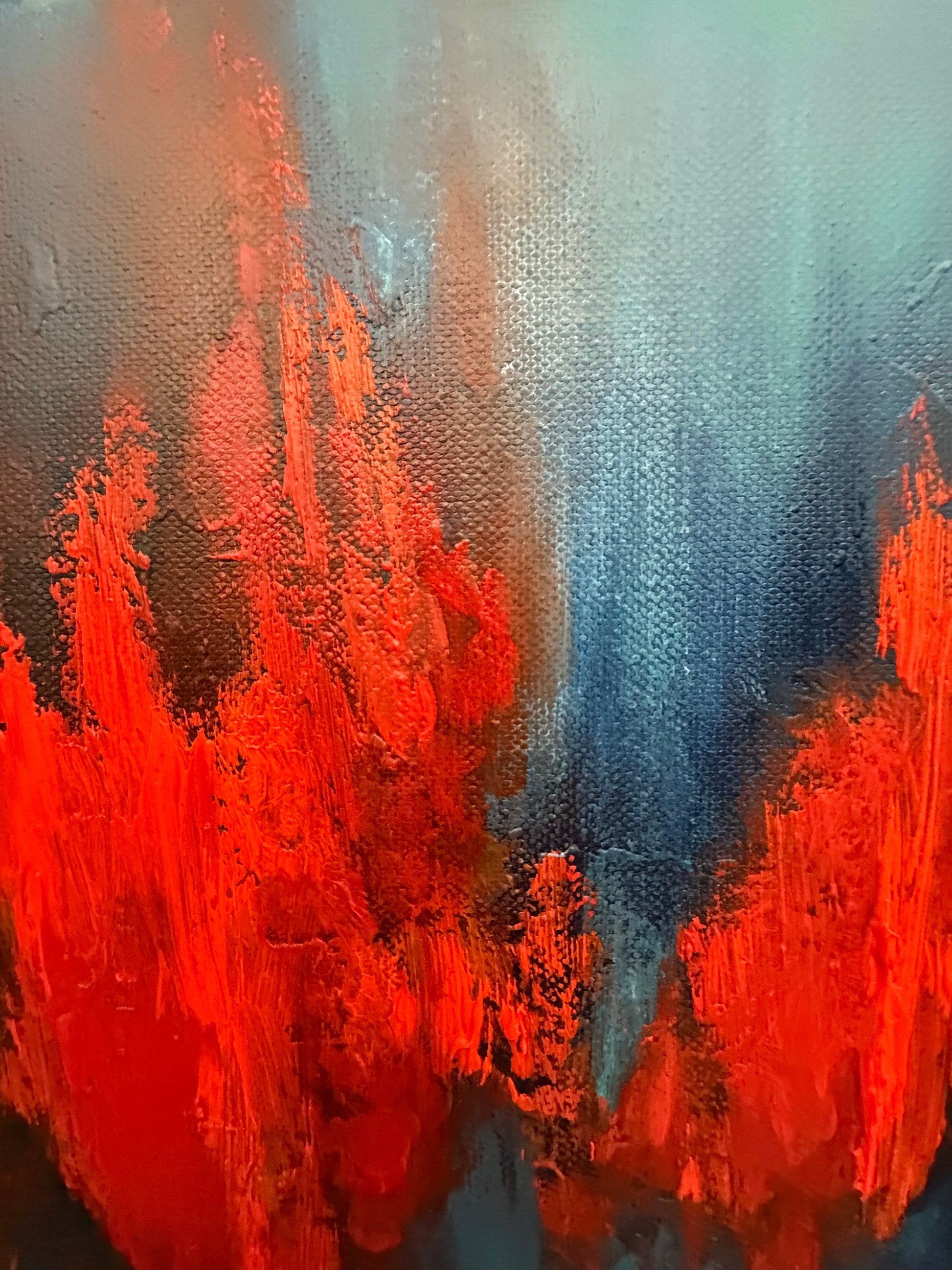 Abstract painting with red, blue, and gray brush strokes