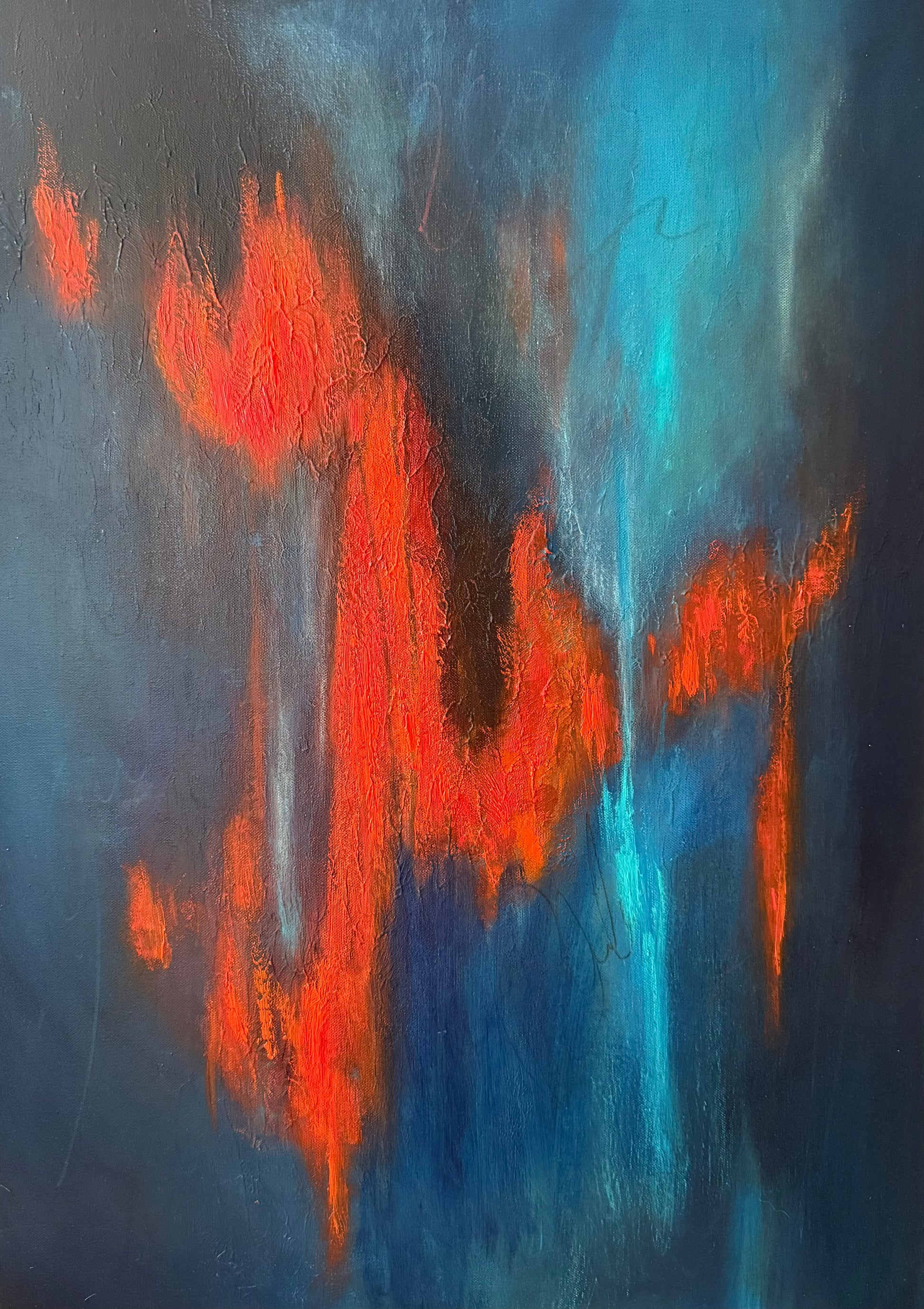 Abstract painting with textured vertical brushstrokes in vibrant orange-red and bright turquoise blue over a dark charcoal gray background.