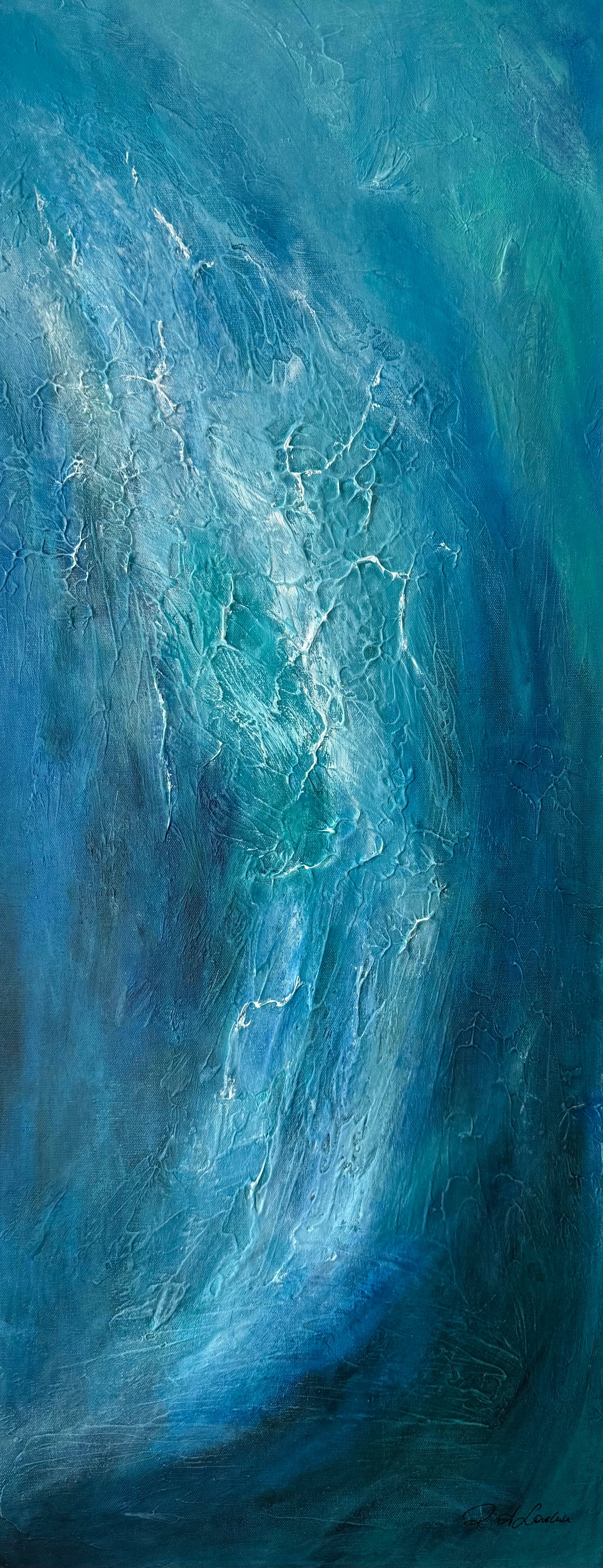Abstract blue and teal textured painting with swirling ocean-like brushstrokes and white highlights, filling the frame.