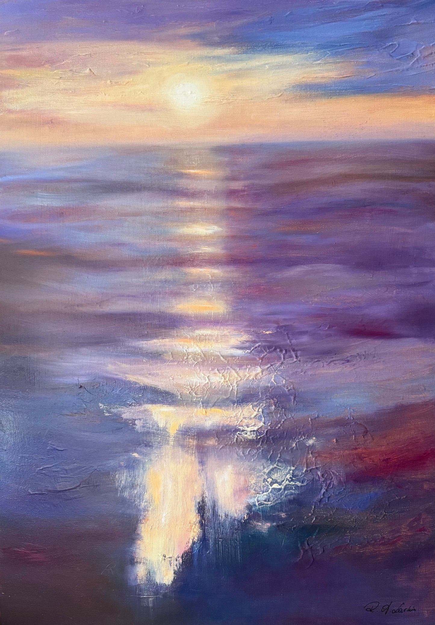 An impressionistic painting of a sunset over water, featuring a glowing sun near the top center, a bright vertical reflection of light through the water, and blended hues of purple, blue, pink, and gold across the surface.