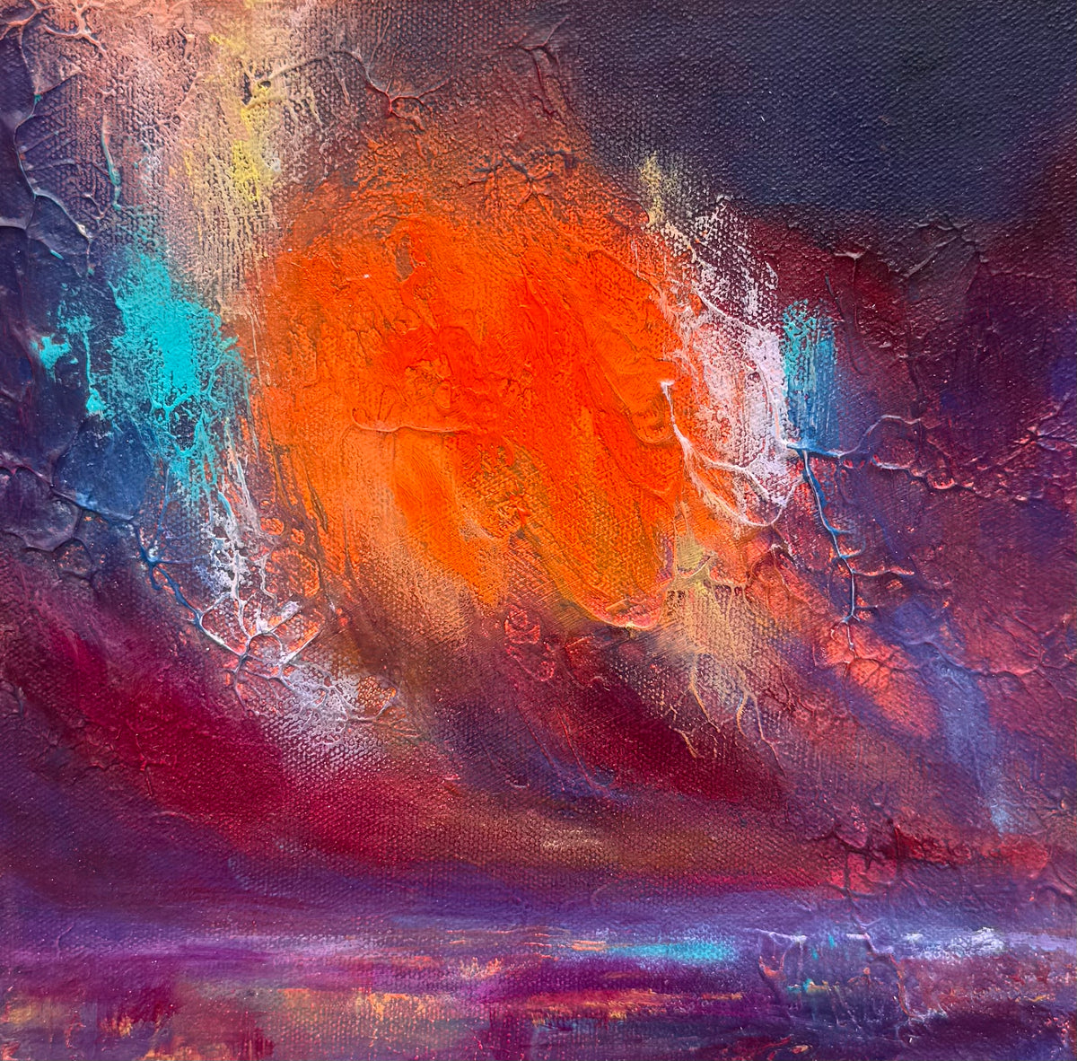 An abstract textured painting featuring a prominent glowing orange and red central form, surrounded by deep purple, blue, and teal brushstrokes with visible canvas texture.
